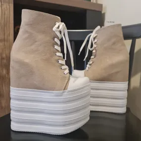 Beige Hidden Platform Sport Lace Up Wedges Beige Hidden Platform Sport Lace Up Wedges