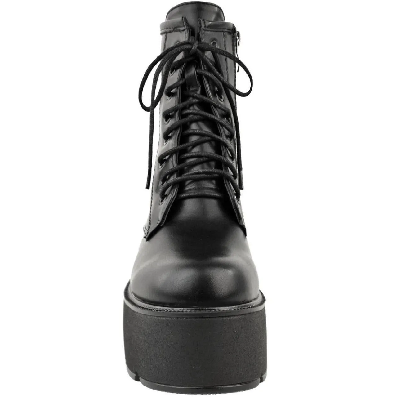 Black Matte Faux Leather Chunky Heel Combat Gothic Boots