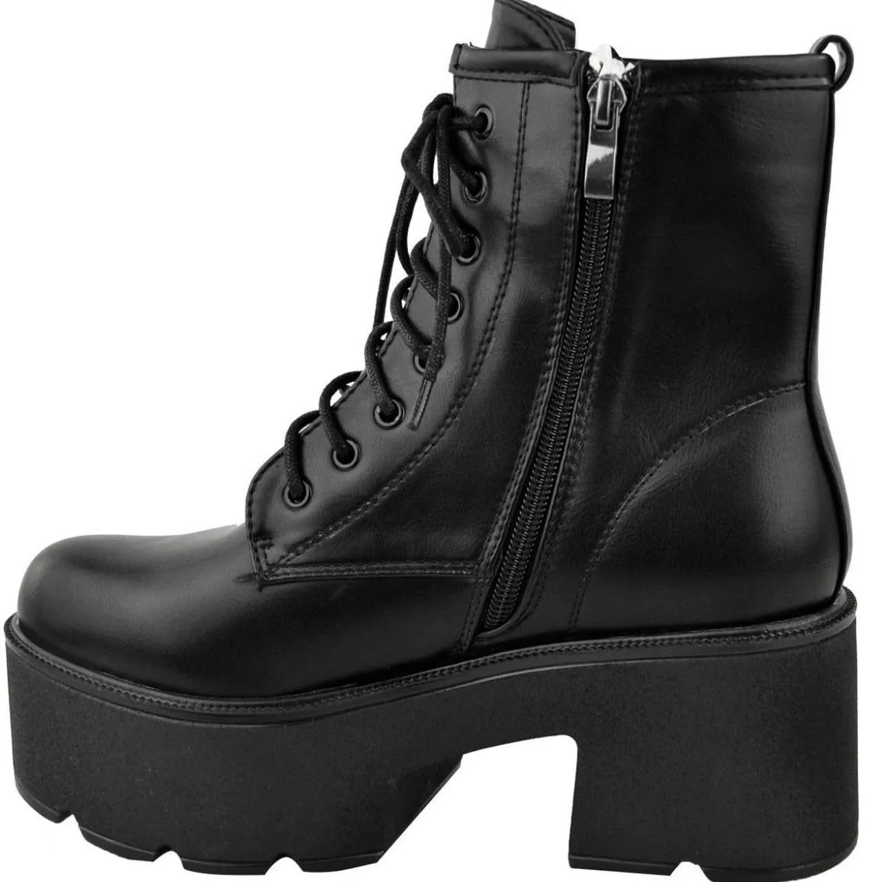 Black Matte Faux Leather Chunky Heel Combat Gothic Boots