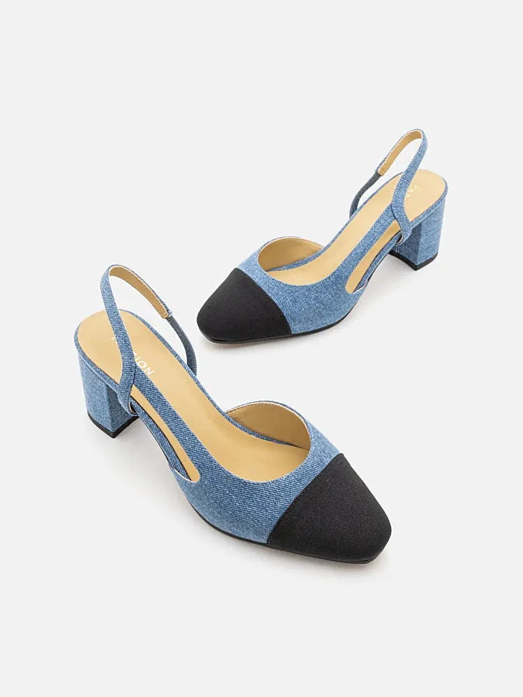 Blythe Denim Lambskin Toe Cap Block Heels