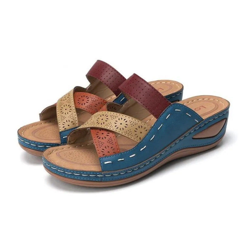 Chicvane Color Block Criss Cross Slides Shoes Wedge Sandals