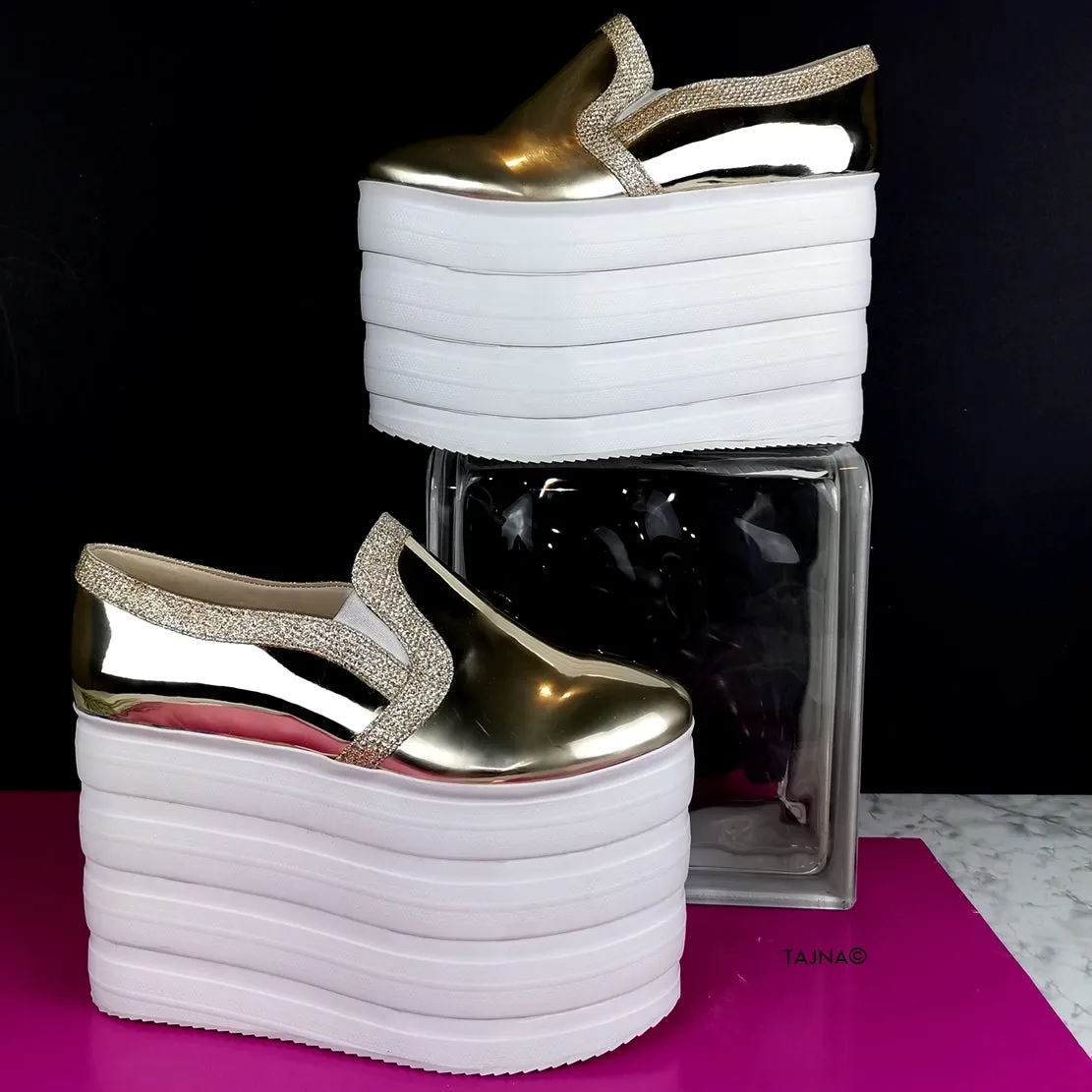 Gold Mirror Flat-form Wedge Sneakers