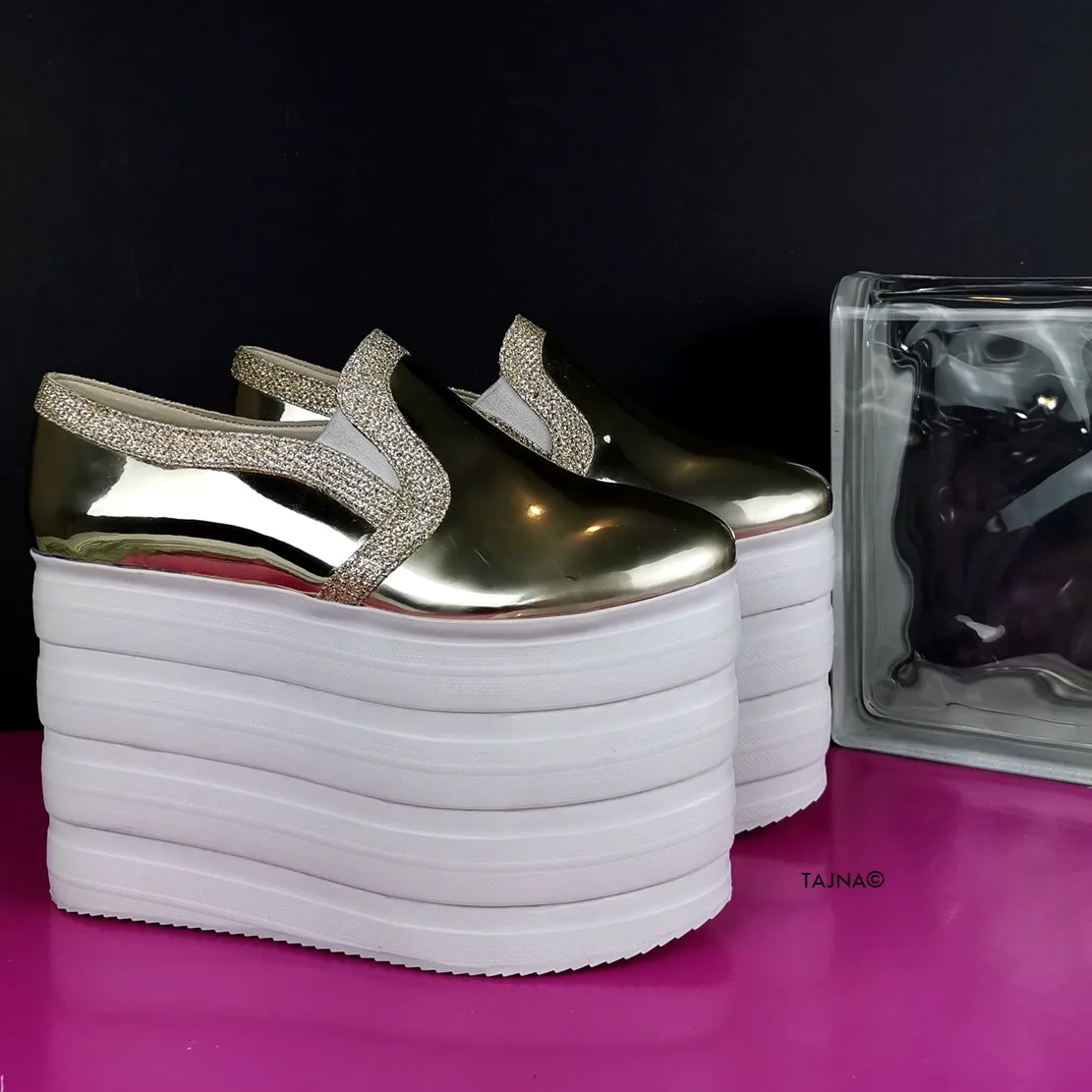 Gold Mirror Flat-form Wedge Sneakers