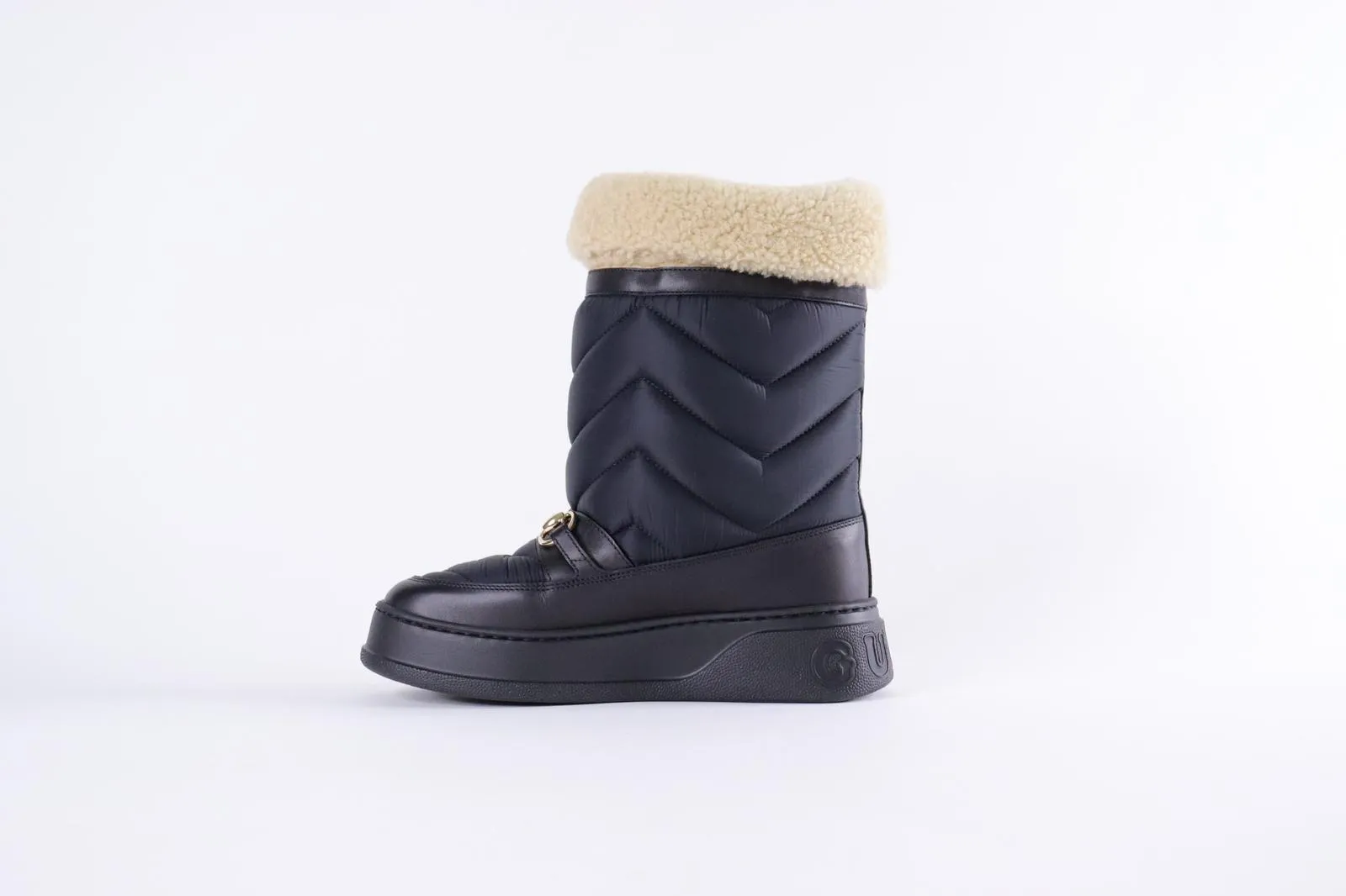 GUCCI Quebec Calfskin Wool Chevron Quilted Horsebit Snow Boots