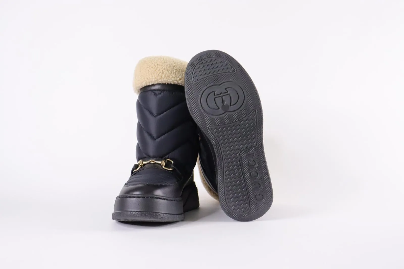 GUCCI Quebec Calfskin Wool Chevron Quilted Horsebit Snow Boots