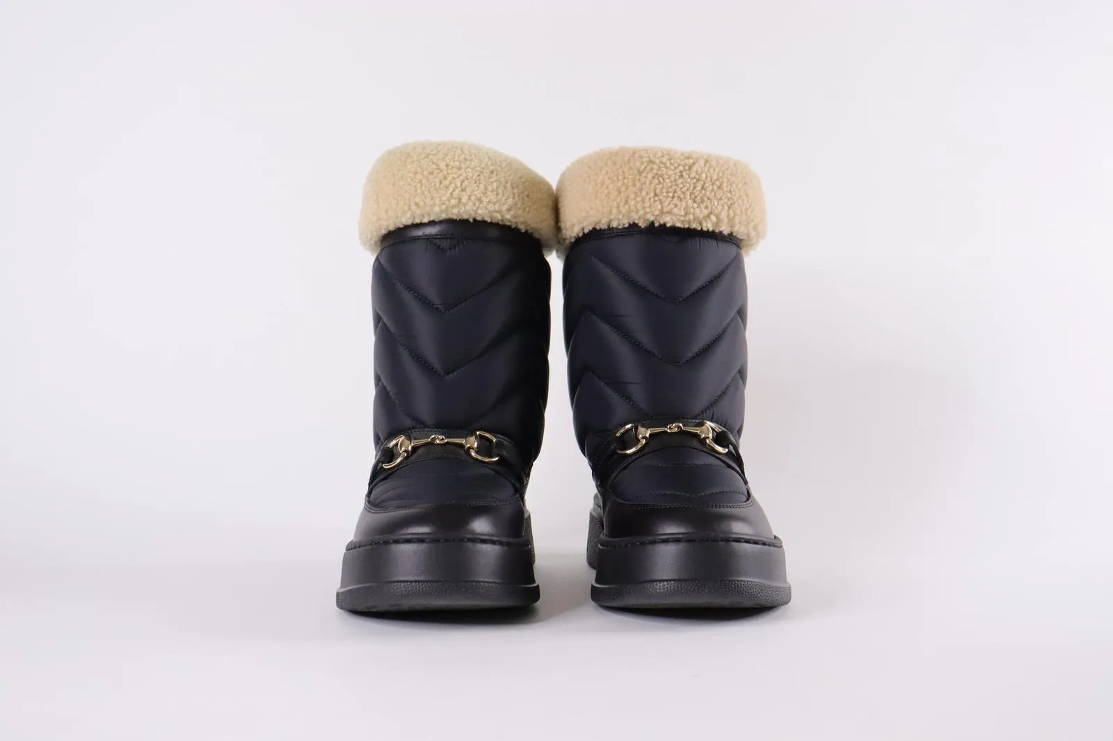 GUCCI Quebec Calfskin Wool Chevron Quilted Horsebit Snow Boots
