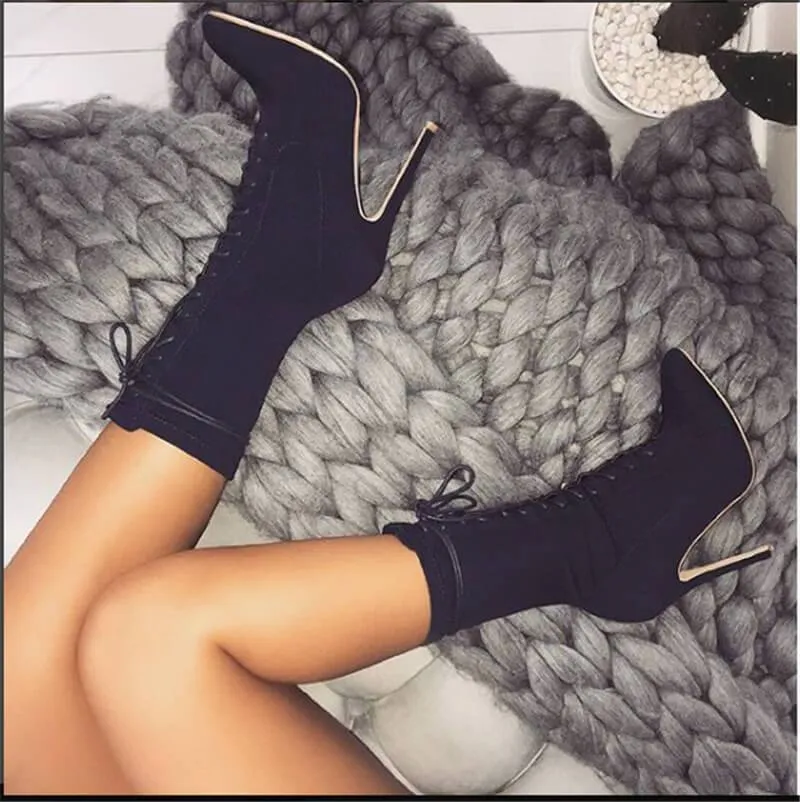 Lace Up High Heel Stretch Mid Calf Boots