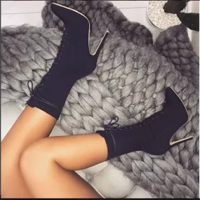 Lace Up High Heel Stretch Mid Calf Boots