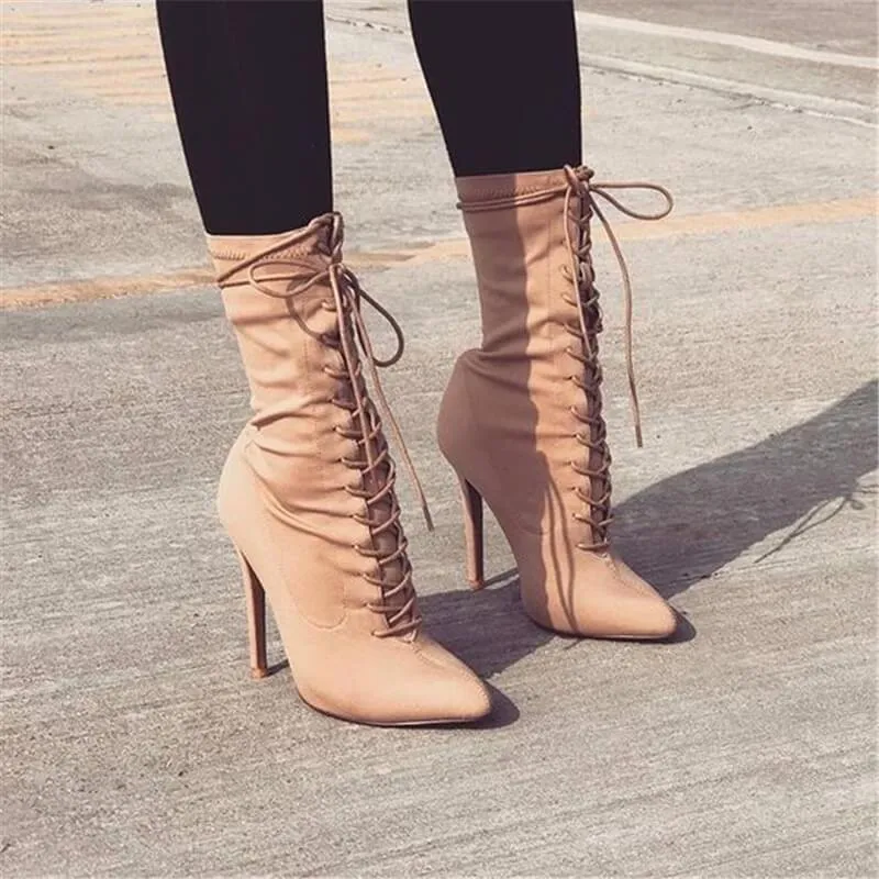 Lace Up High Heel Stretch Mid Calf Boots