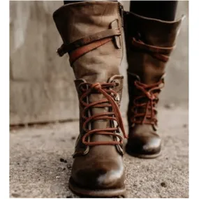 Leather Chunky Heel Mid Calf Boots