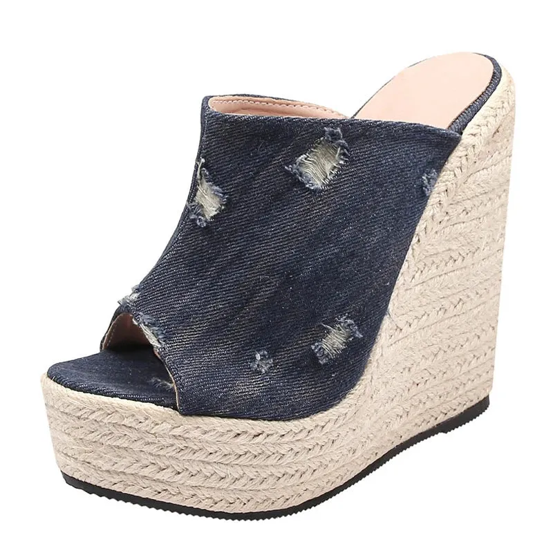 Liyke Summer Blue Denim Women Wedge Heels Platform Slippers Fashion Peep Toe Super High Mules Slides Shoes Ladies Sandals Casual