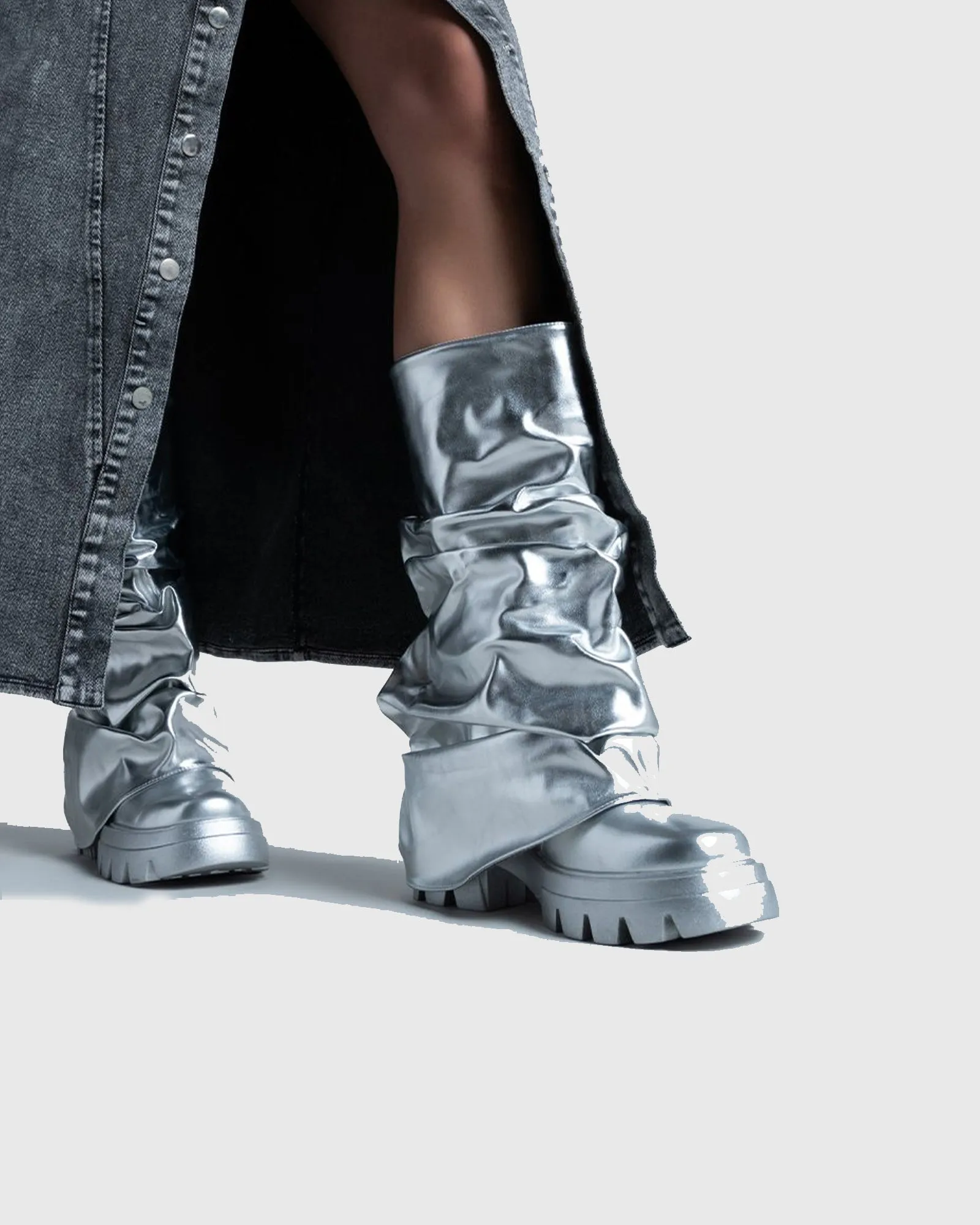 Martedi Ruched Metallic Mid Calf Boots In Silver
