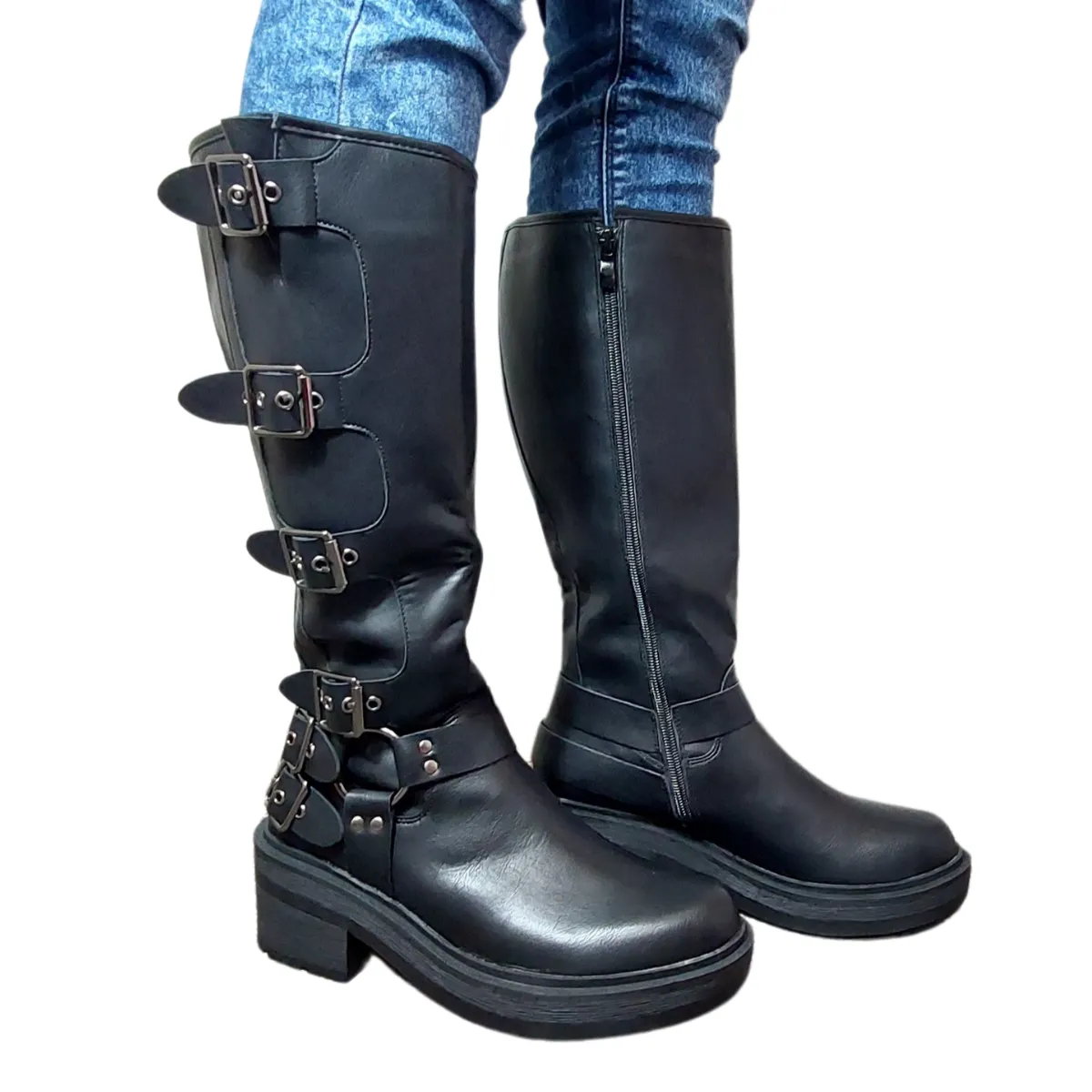 MINNIE BUCKLE DETAIL MID CALF FAUX LEATHER BOOT
