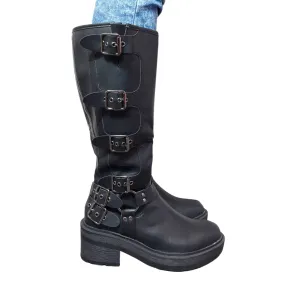 MINNIE BUCKLE DETAIL MID CALF FAUX LEATHER BOOT
