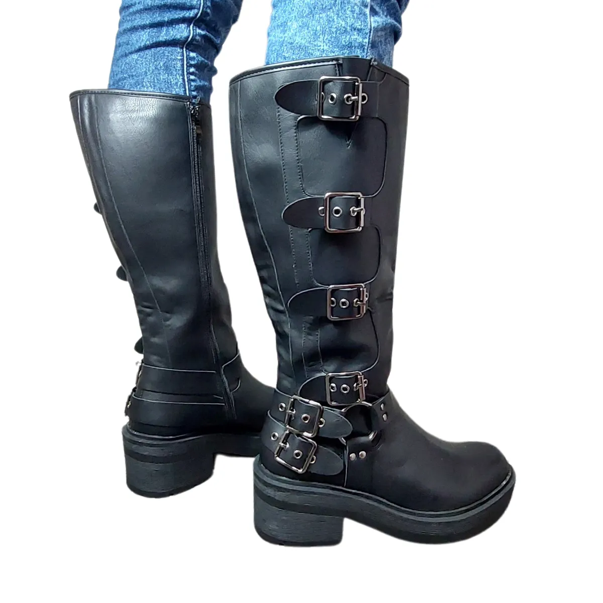 MINNIE BUCKLE DETAIL MID CALF FAUX LEATHER BOOT