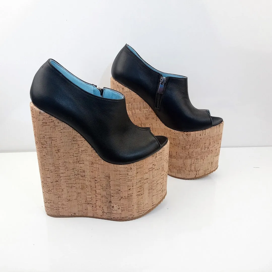 Peep Toe Black High Heel Wedge Platform Shoes