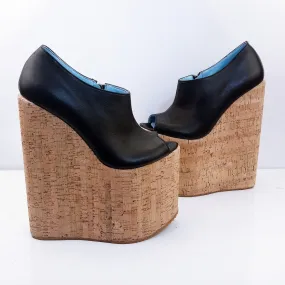 Peep Toe Black High Heel Wedge Platform Shoes