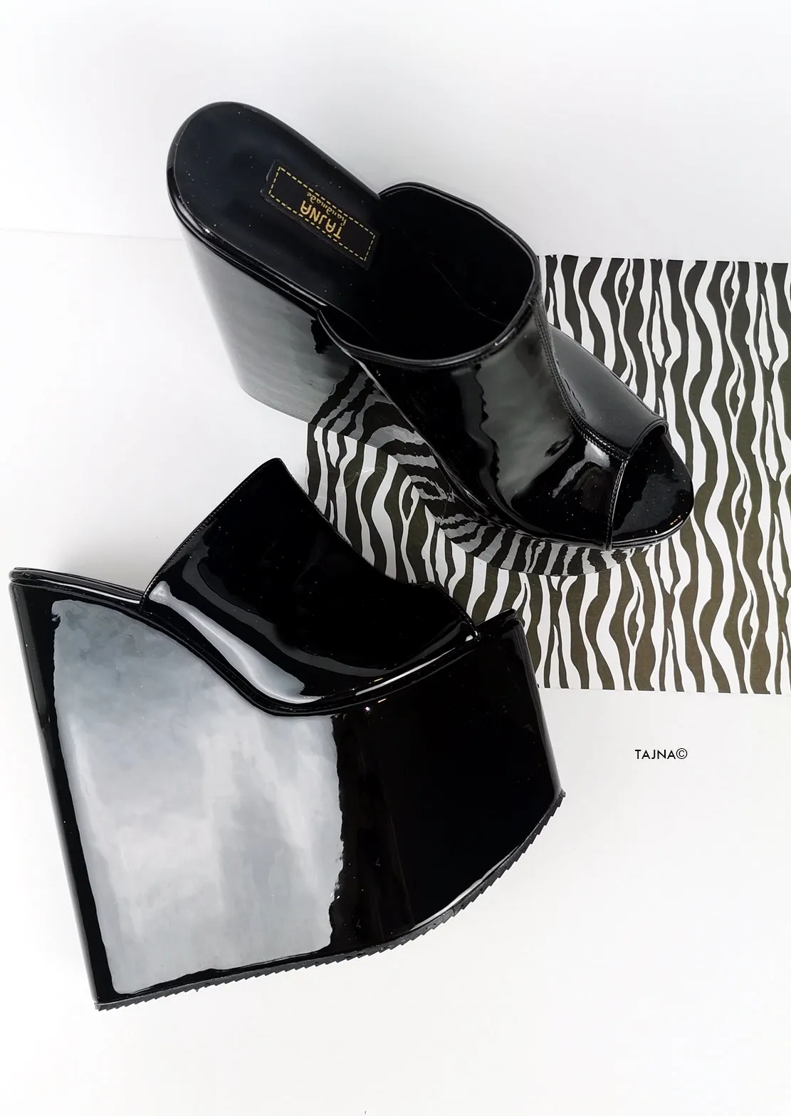 Peep Toe Black Patent Extreme Wedge Mules