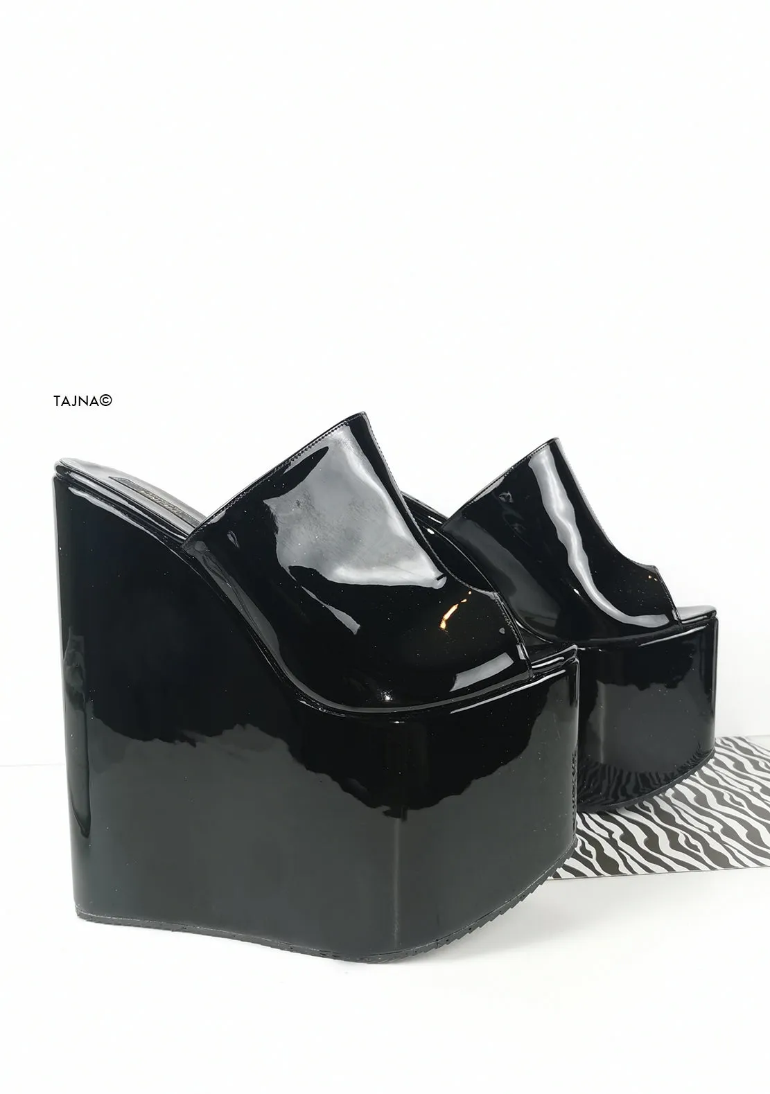 Peep Toe Black Patent Extreme Wedge Mules