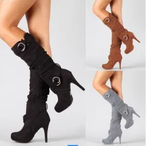 Platform High Heel Suede Buckle Mid Calf Boots