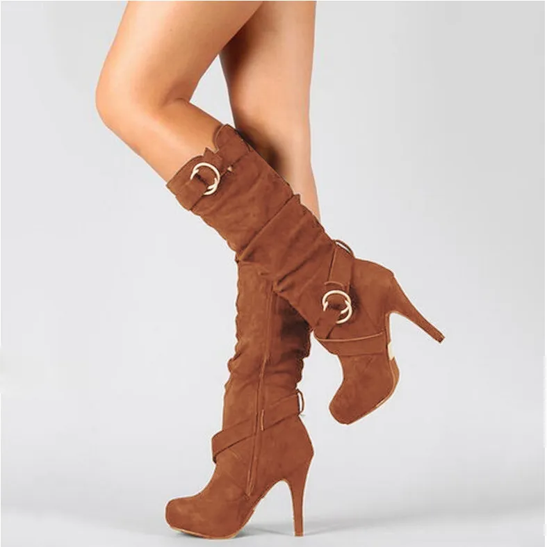 Platform High Heel Suede Buckle Mid Calf Boots