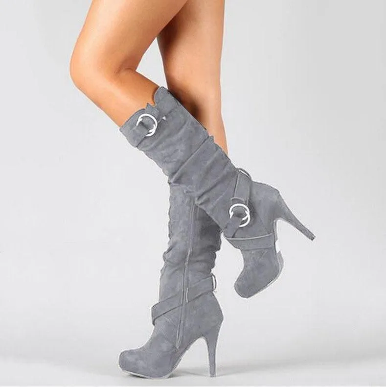 Platform High Heel Suede Buckle Mid Calf Boots