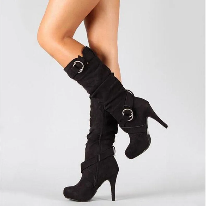 Platform High Heel Suede Buckle Mid Calf Boots