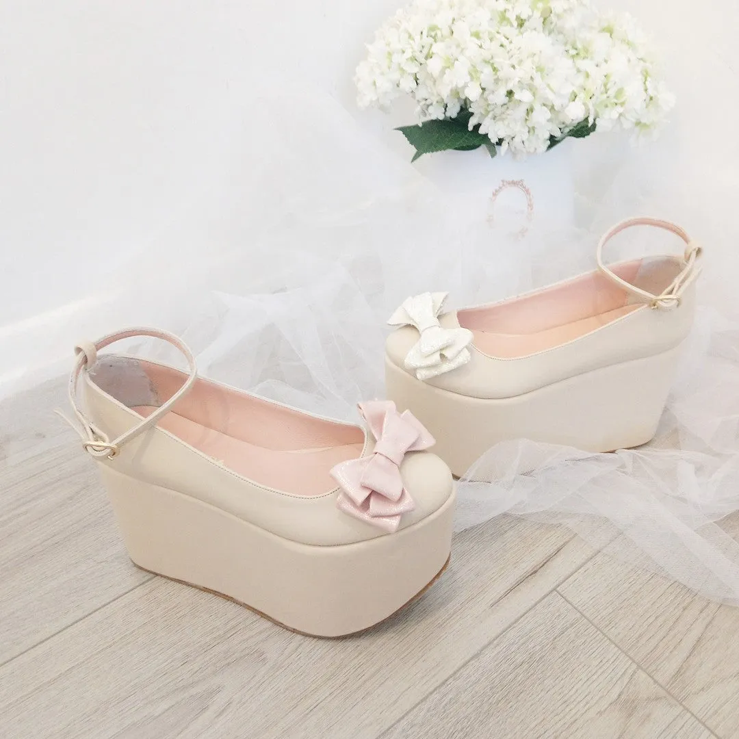 Ribbon Nude Cream Wedge Platform Shoes