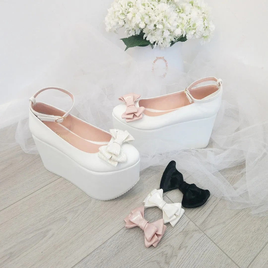 Ribbon White Wedge Platform Shoes