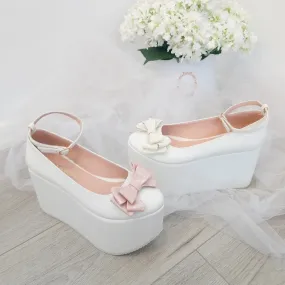 Ribbon White Wedge Platform Shoes