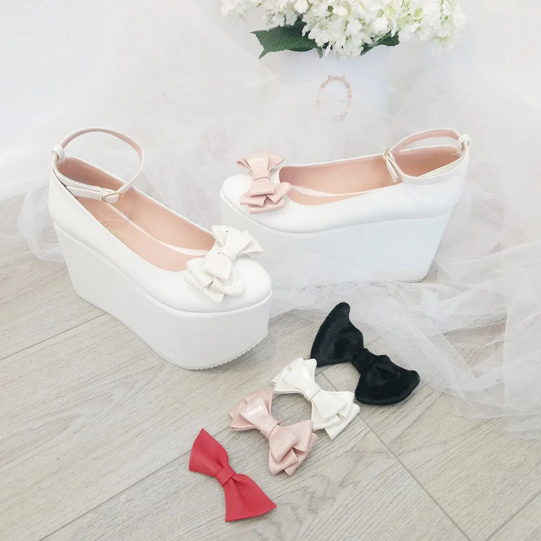 Ribbon White Wedge Platform Shoes