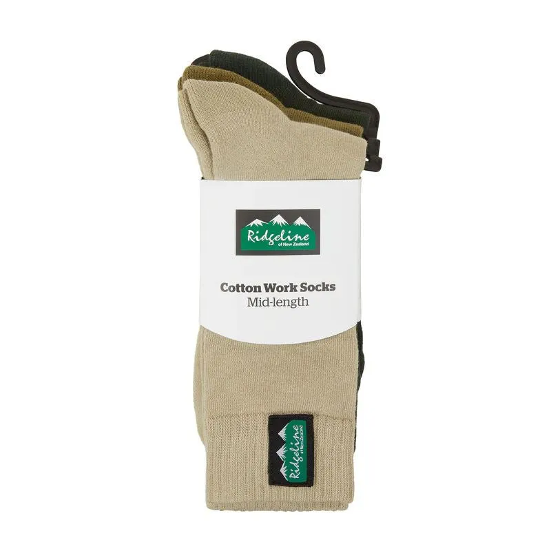 Ridgeline Cotton Work Socks Mid Length In Olive Multi (Pack of 3)