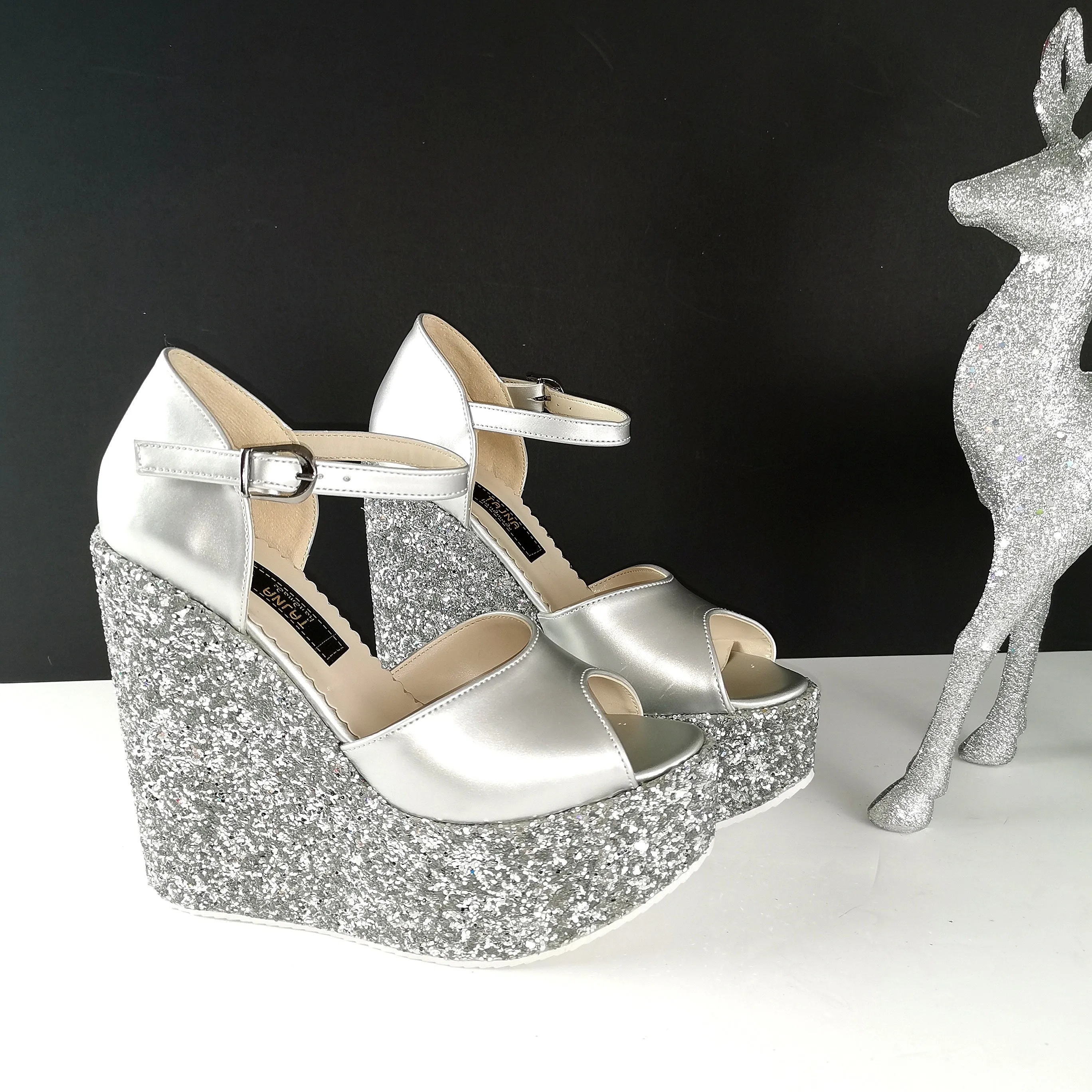 Silver Glitter Heel Platform Wedges