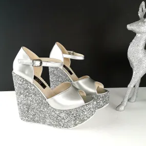 Silver Glitter Heel Platform Wedges
