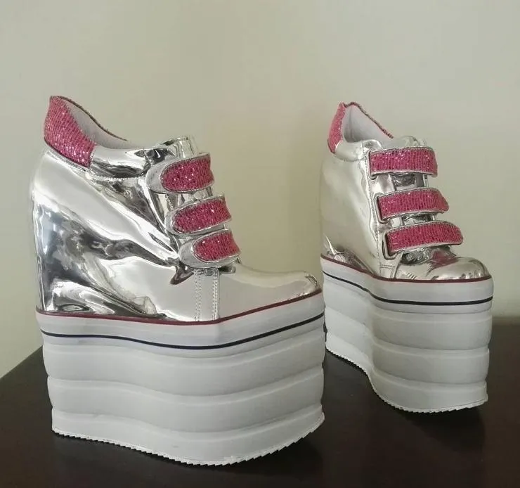 Silver Hook Pile Sport High Heel Wedge Platform Shoes