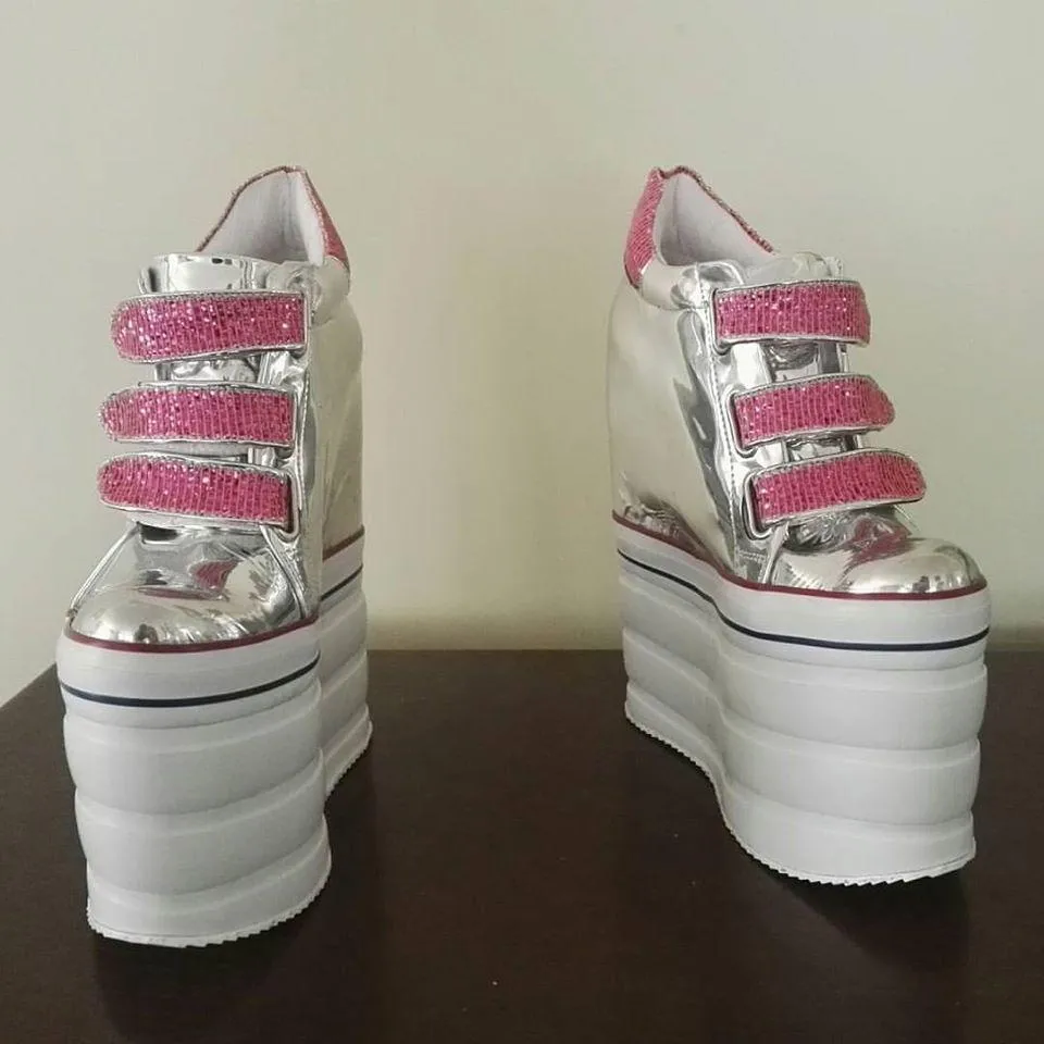 Silver Hook Pile Sport High Heel Wedge Platform Shoes