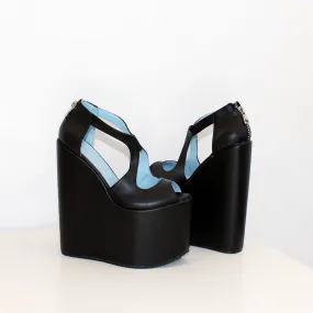 Slit Peep Toe Black High Heel Wedge Platform Shoes