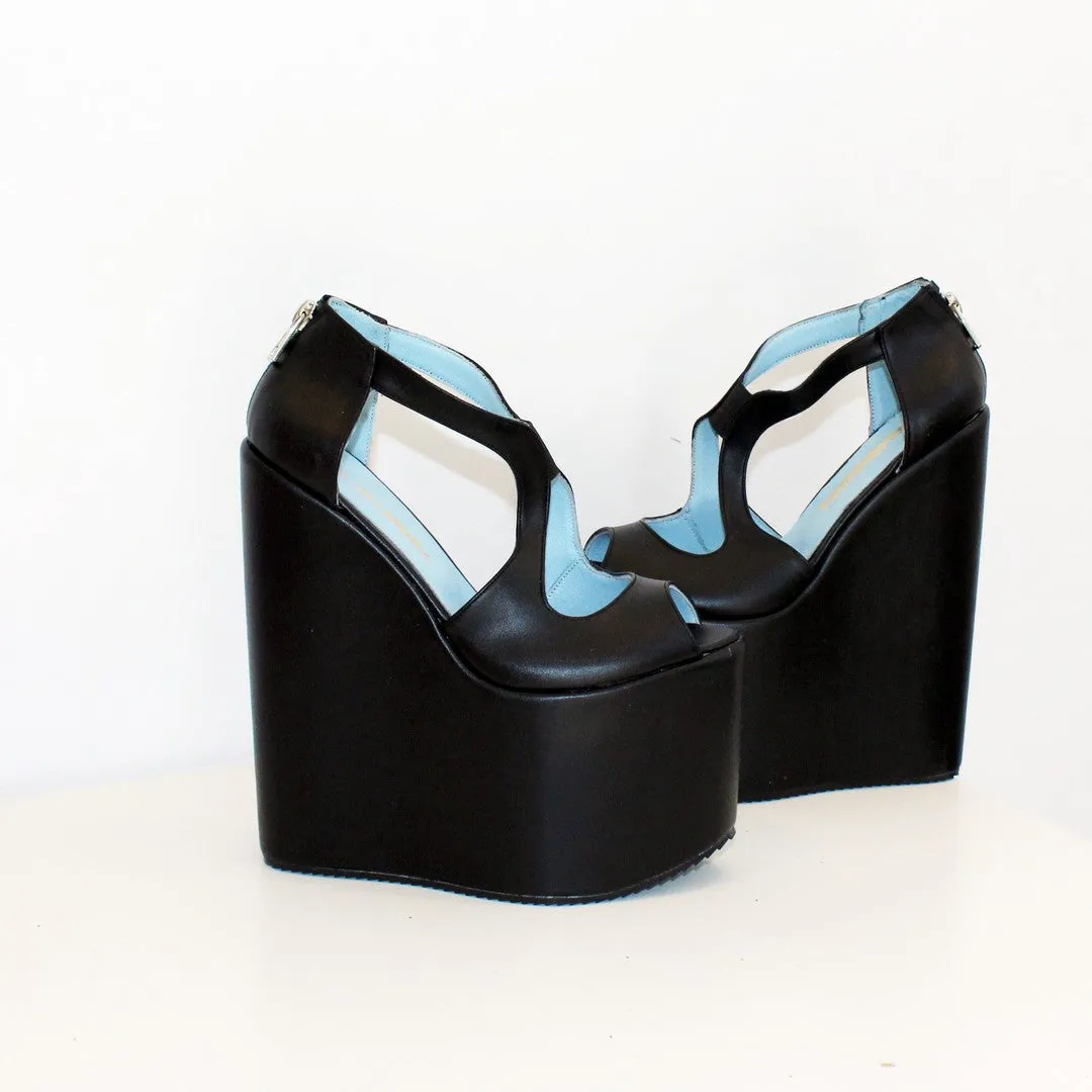Slit Peep Toe Black High Heel Wedge Platform Shoes