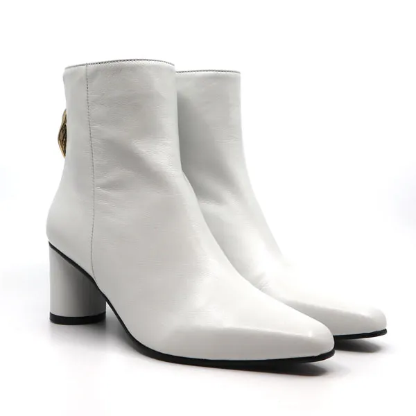 Wave Oval White | Mid heel leather ankle boot