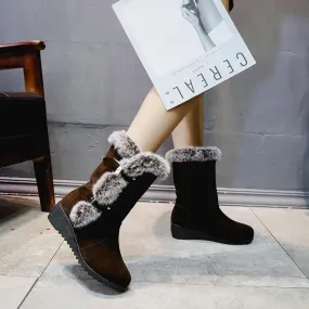 Wedge Flat Suede Fur Buckle Mid Calf Boots