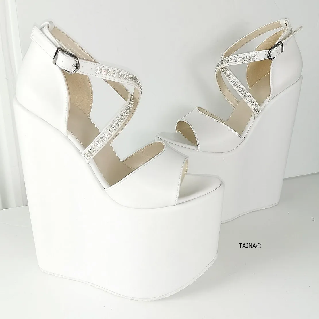 White Gemstone Cross Strap Platform Wedges