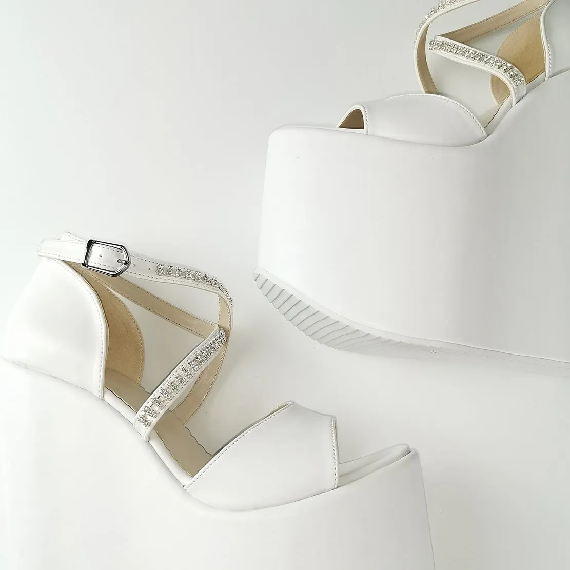 White Gemstone Cross Strap Platform Wedges