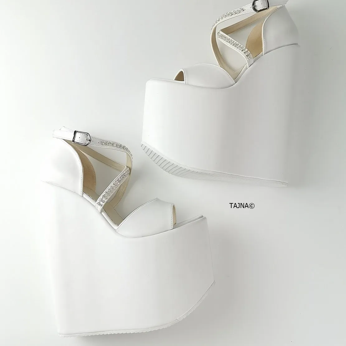 White Gemstone Cross Strap Platform Wedges