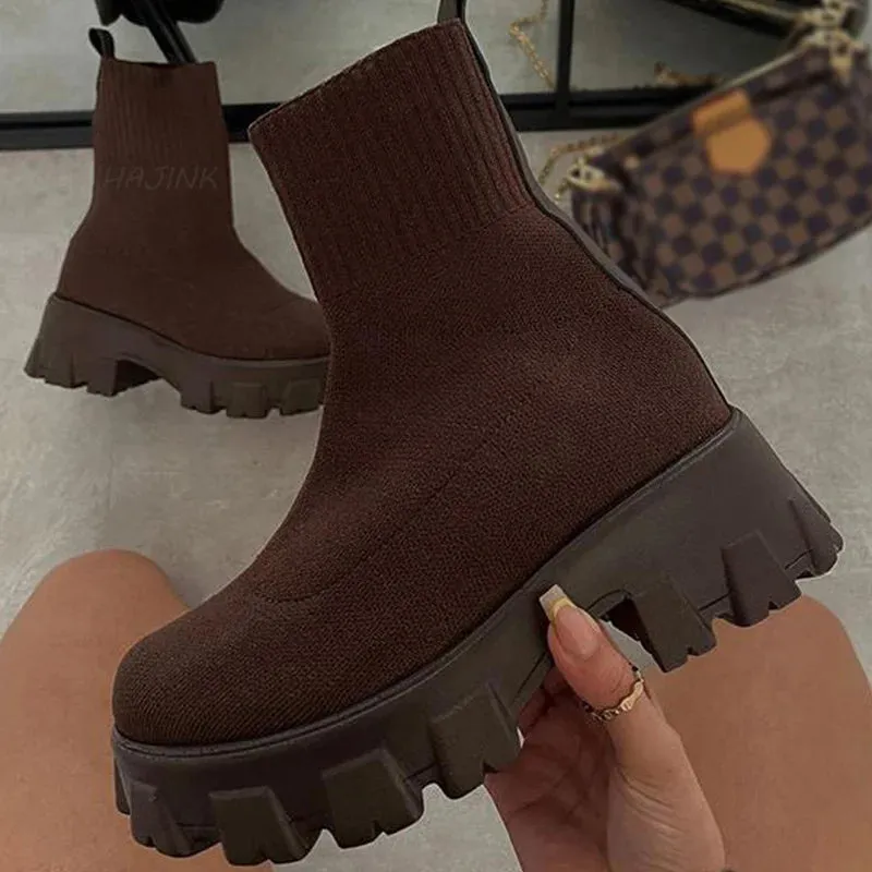 Women Boots Short Knitting Platform Ankle Heels White Shoes