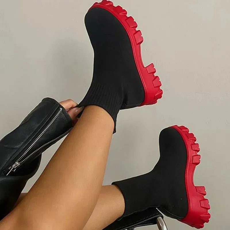 Women Boots Short Knitting Platform Ankle Heels White Shoes