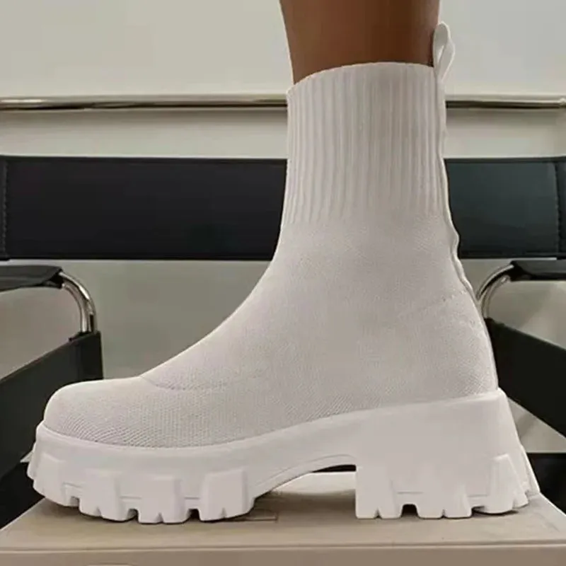 Women Boots Short Knitting Platform Ankle Heels White Shoes
