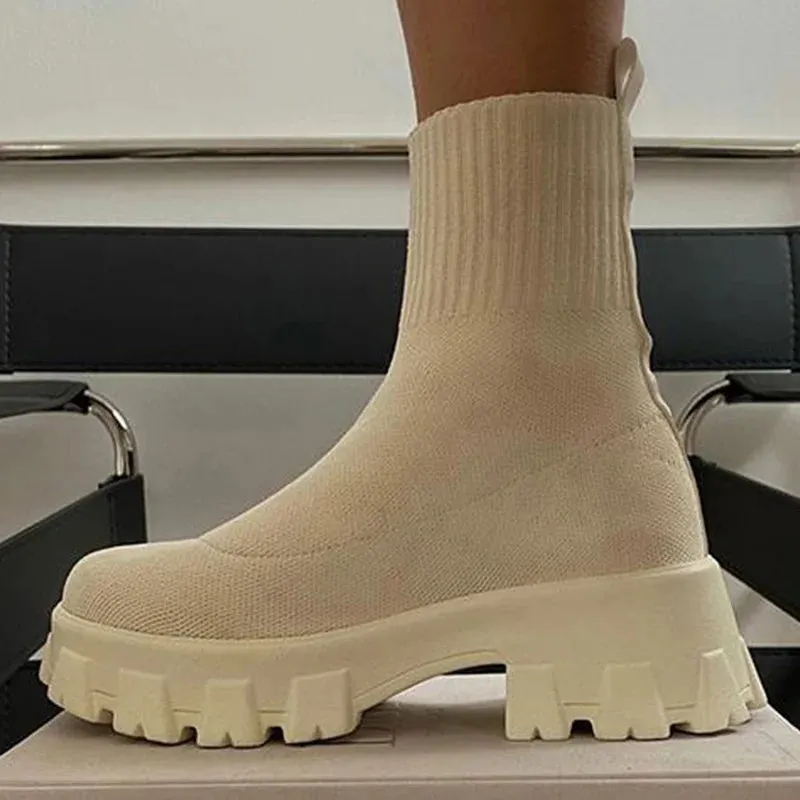 Women Boots Short Knitting Platform Ankle Heels White Shoes