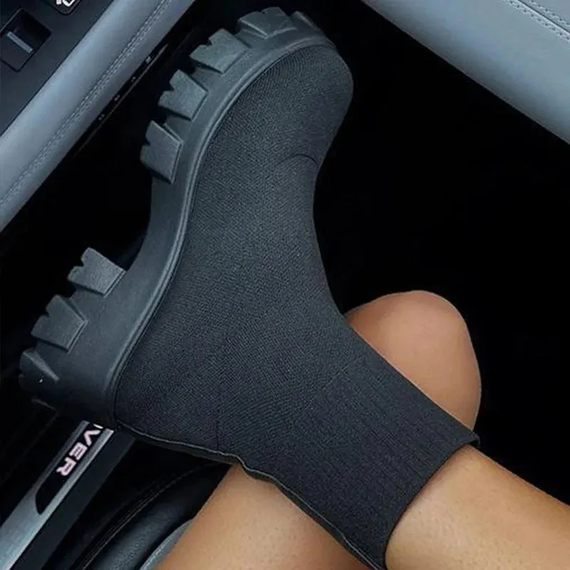Women Boots Short Knitting Platform Ankle Heels White Shoes