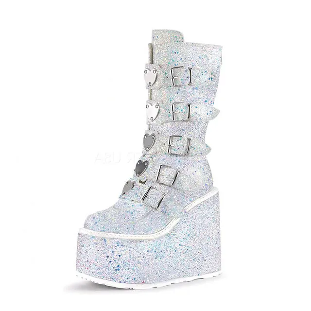 Women Handmade Wedges Heart Shape Combat Sequins Glitter Punk Boots