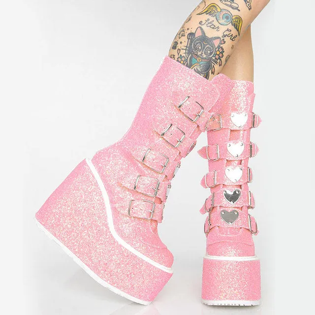 Women Handmade Wedges Heart Shape Combat Sequins Glitter Punk Boots